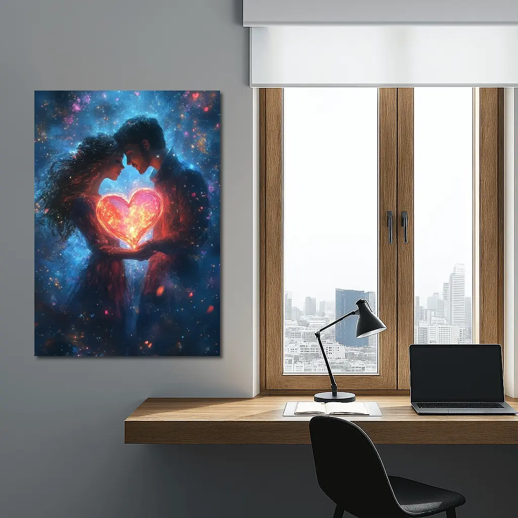 Couple Holding Glowing Heart Cosmic Galaxy – Wall Art