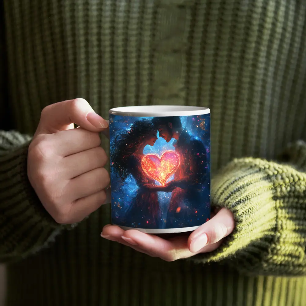 Couple Holding Glowing Heart Cosmic Galaxy – Mugs