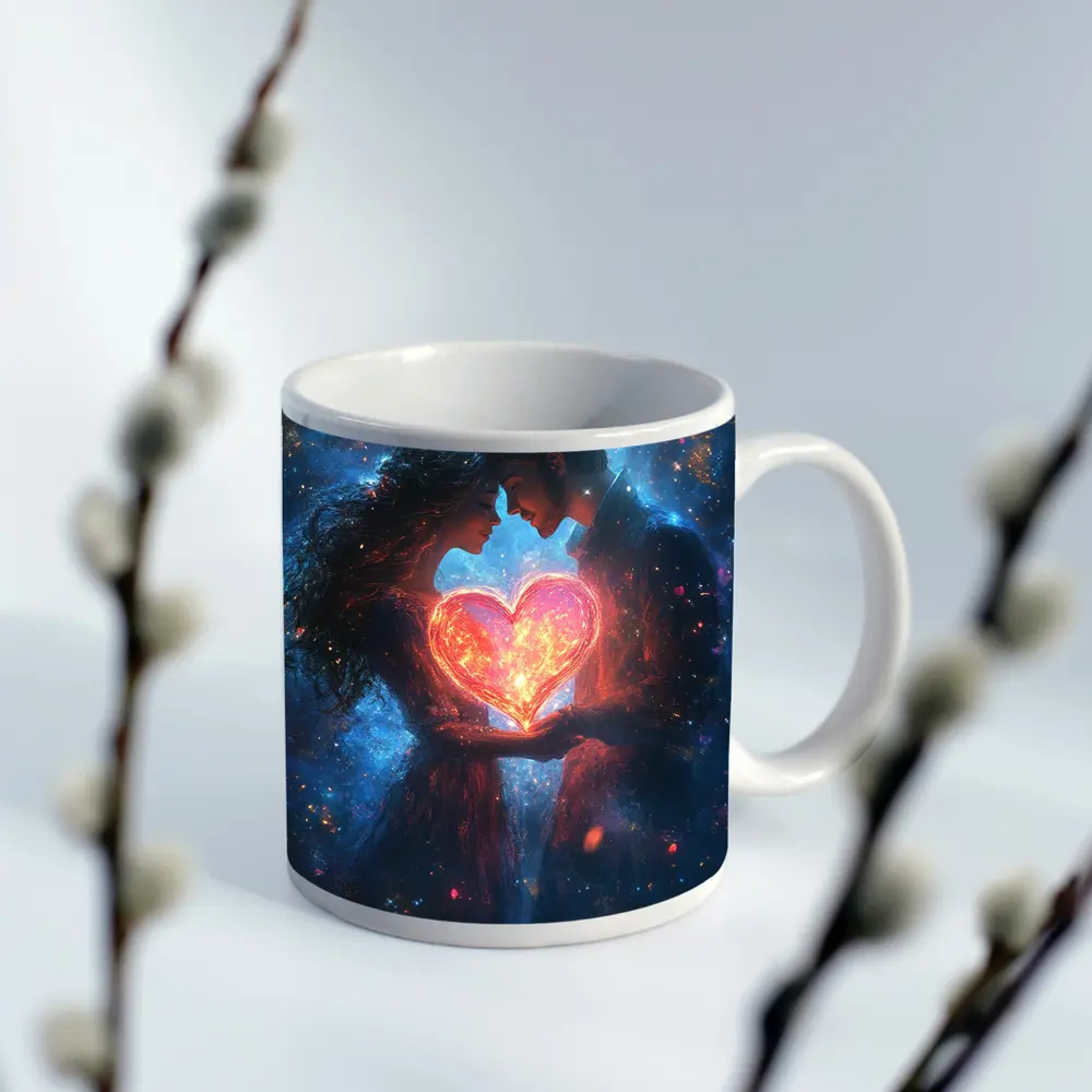 Couple Holding Glowing Heart Cosmic Galaxy – Mugs