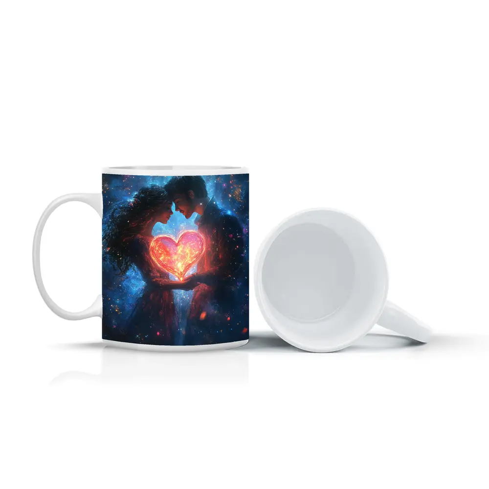 Couple Holding Glowing Heart Cosmic Galaxy – Mugs