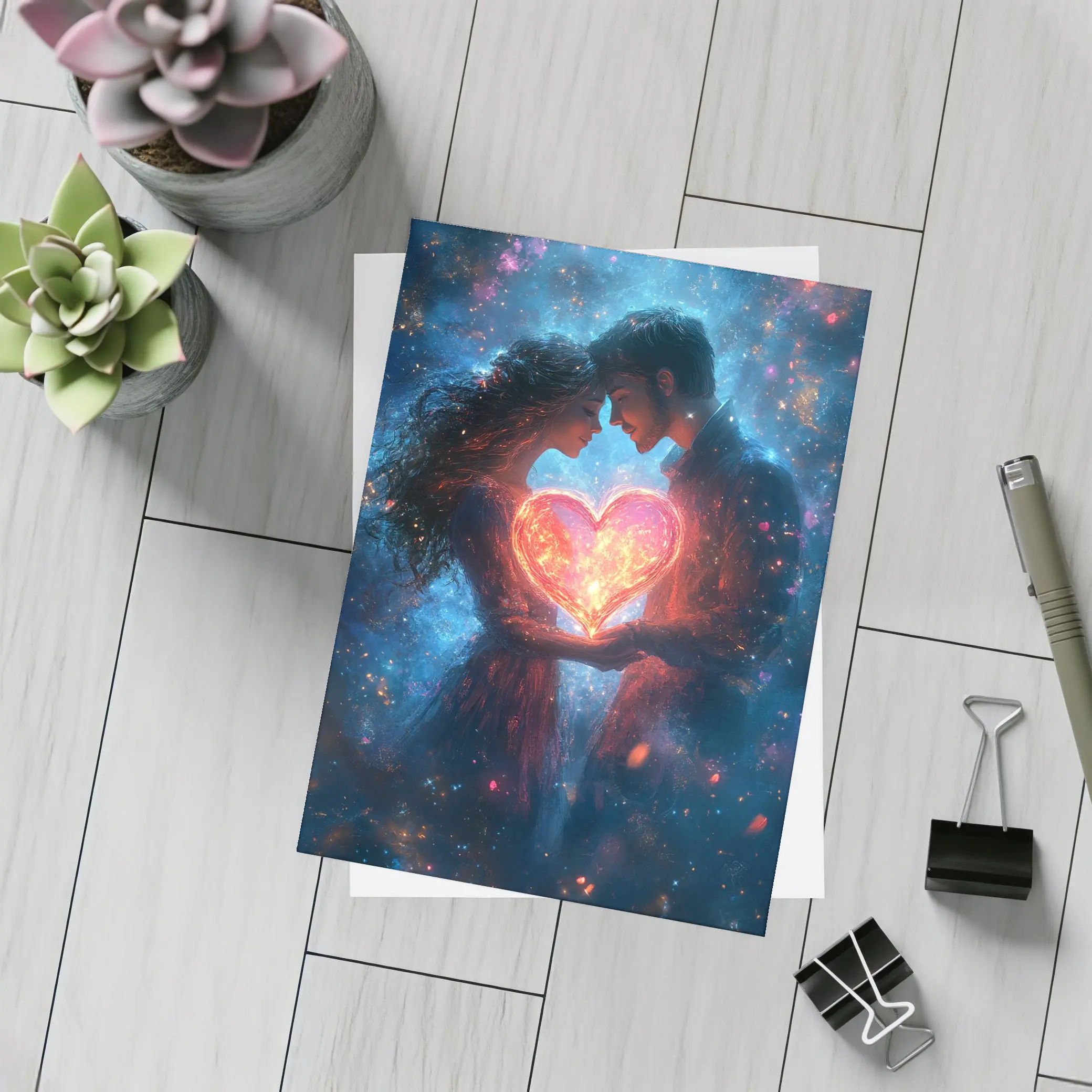 Couple Holding Glowing Heart Cosmic Galaxy – Postcards