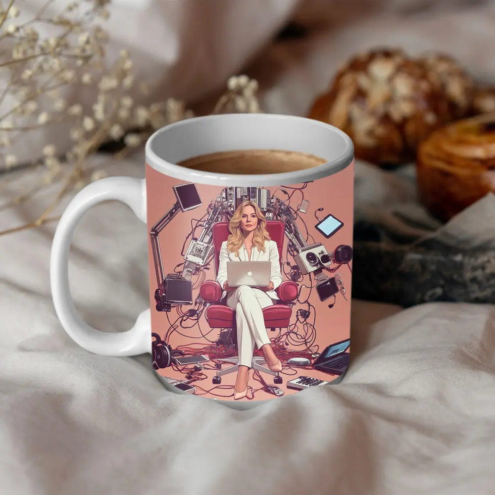 Woman Boss Tech Throne Pink Background Illustration – Mugs