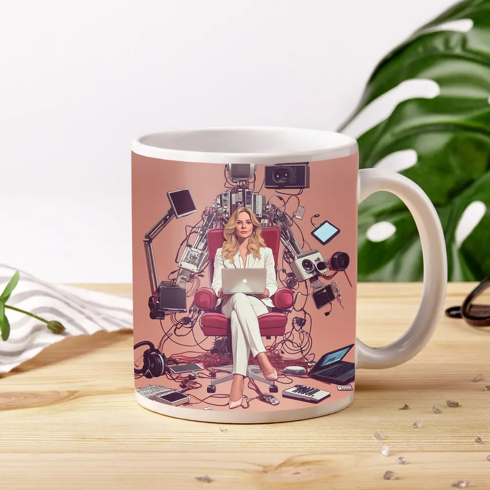 Woman Boss Tech Throne Pink Background Illustration – Mugs