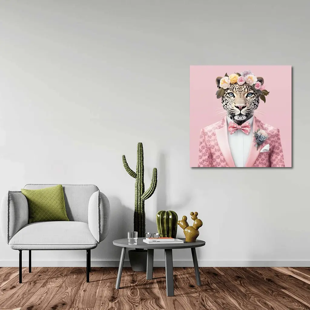 Leopard Flower Crown Pink Suit Portrait – Wall Art