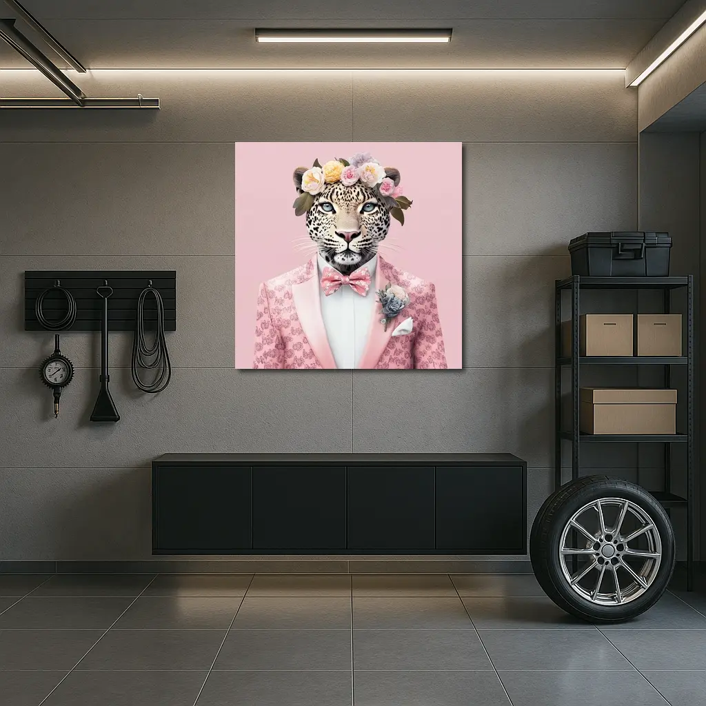 Leopard Flower Crown Pink Suit Portrait – Wall Art