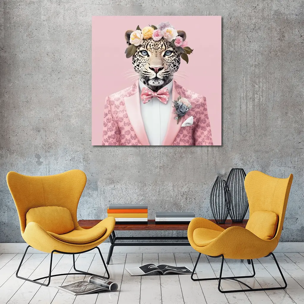 Leopard Flower Crown Pink Suit Portrait – Wall Art