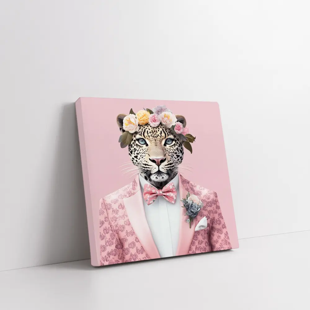 Leopard Flower Crown Pink Suit Portrait – Wall Art