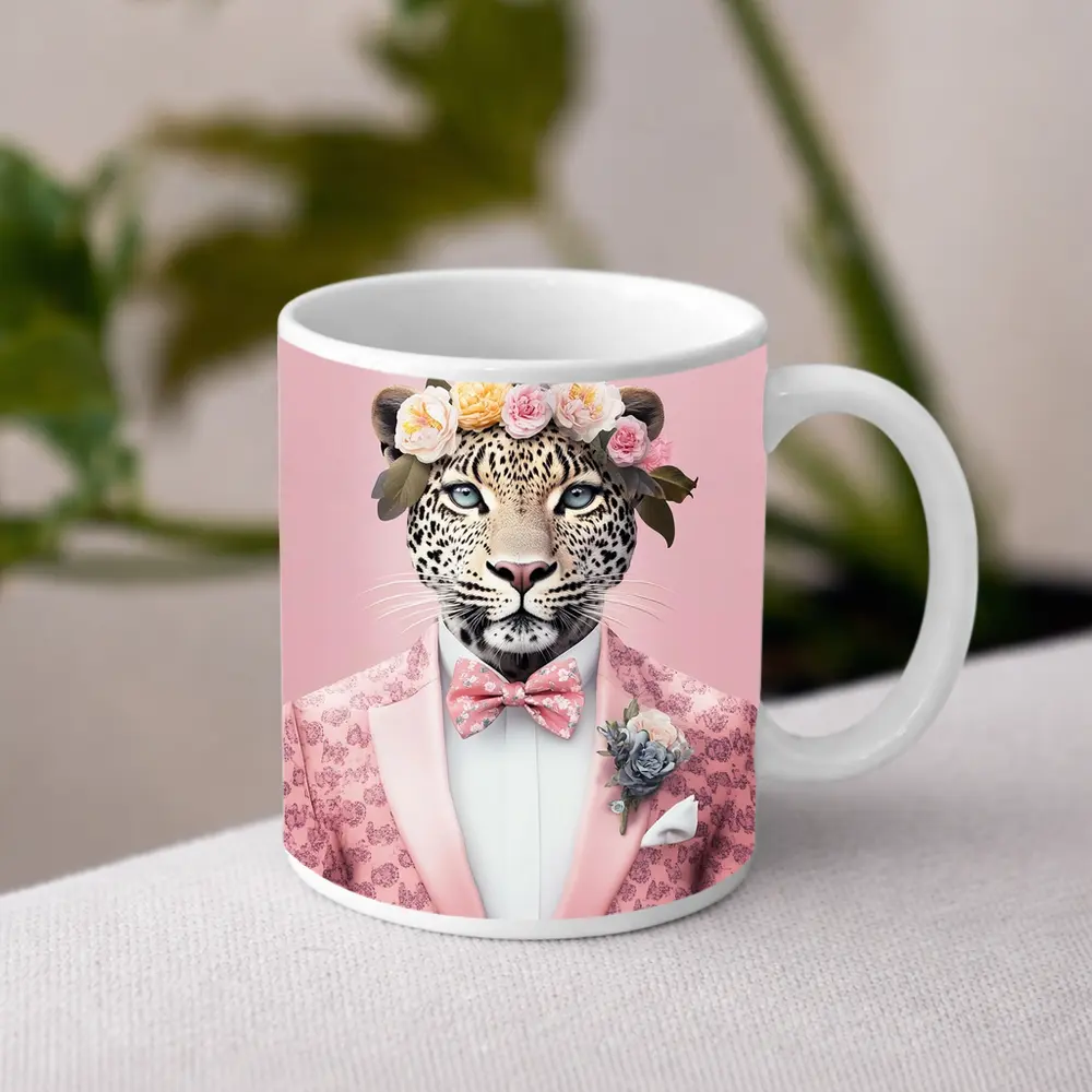 Leopard Flower Crown Pink Suit Portrait – Mugs