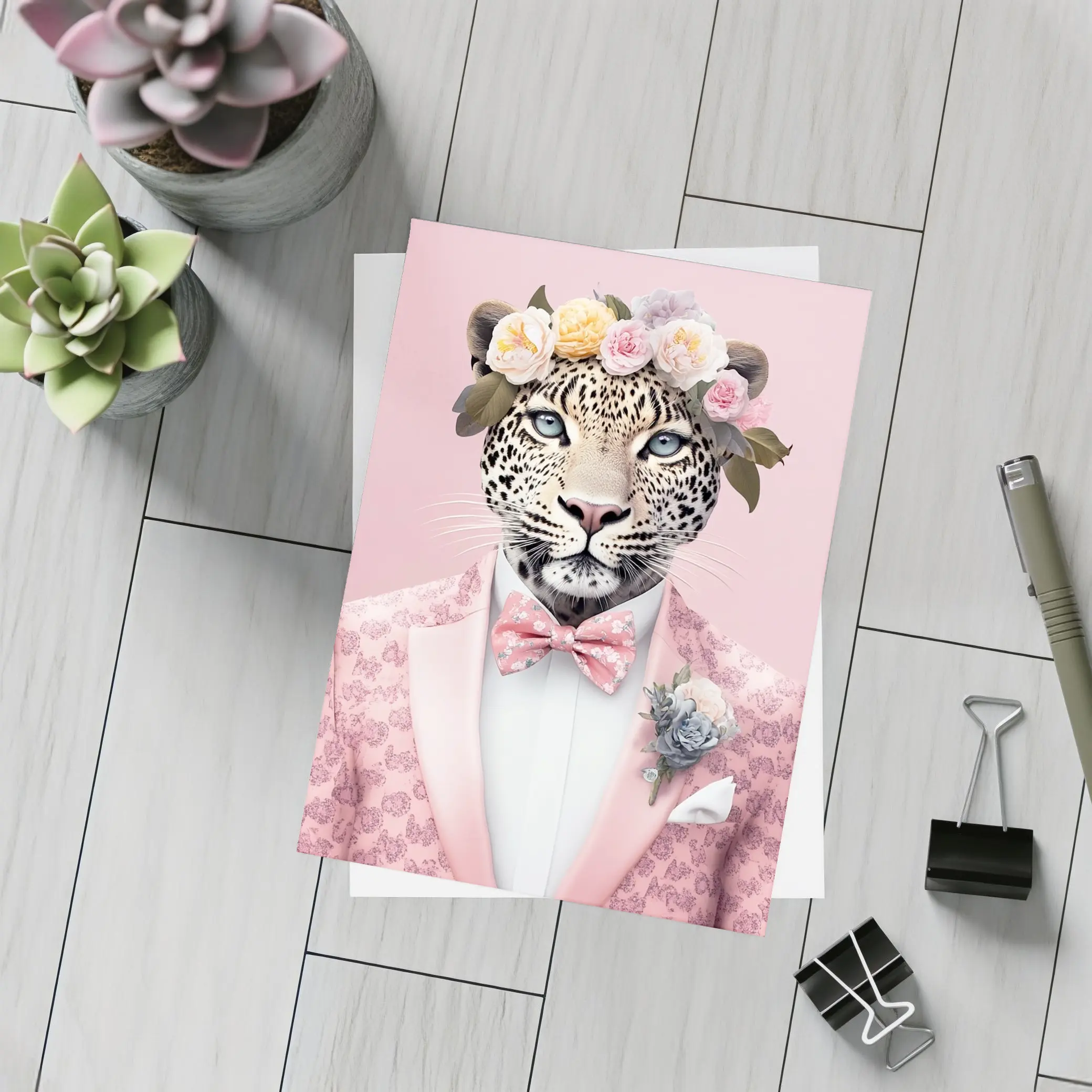 Leopard Flower Crown Pink Suit Portrait – Postcards
