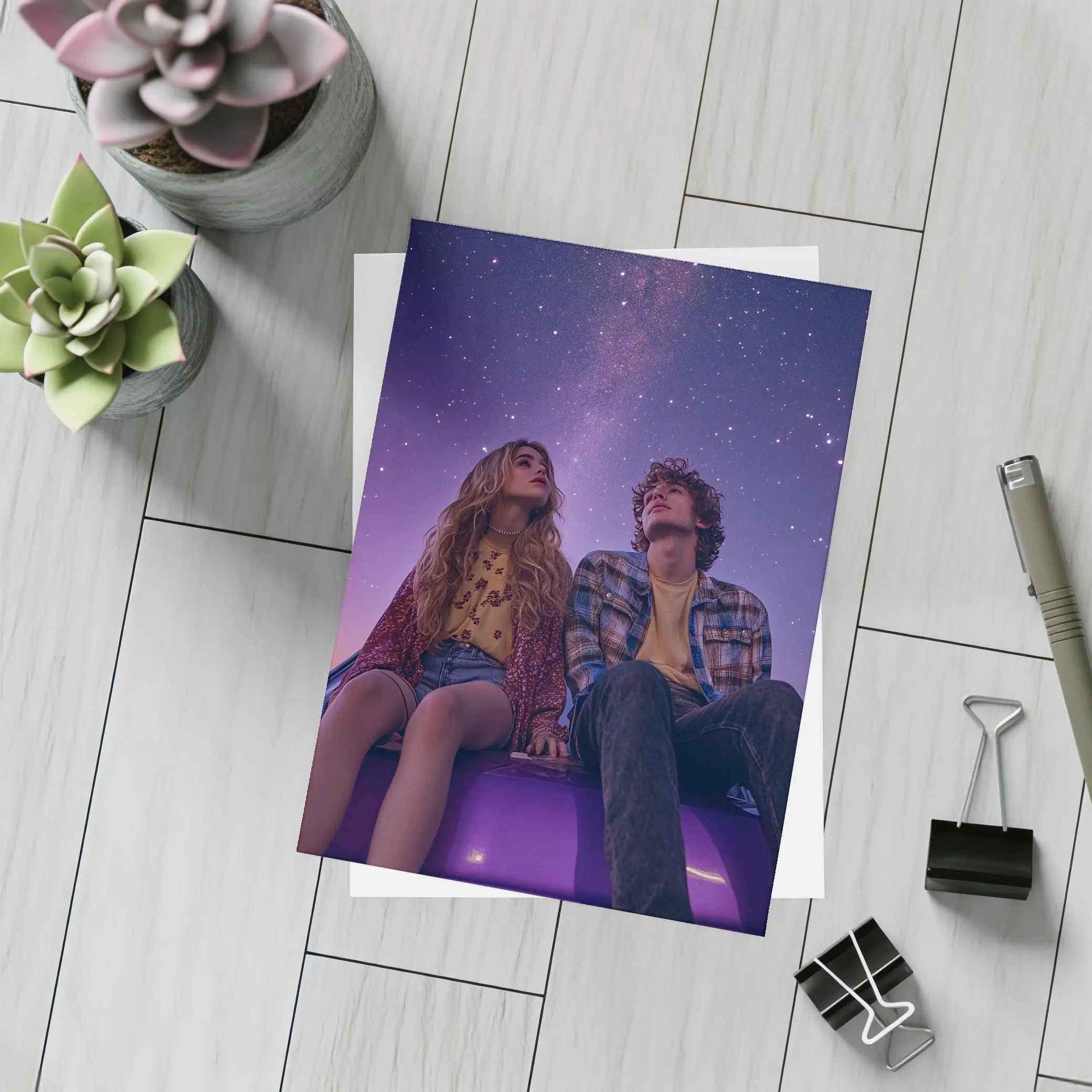 Couple Sitting on Car Under Starry Night – Postcards