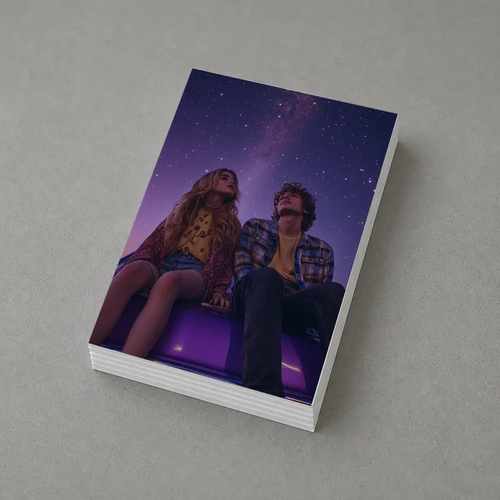 Couple Sitting on Car Under Starry Night – Postcards