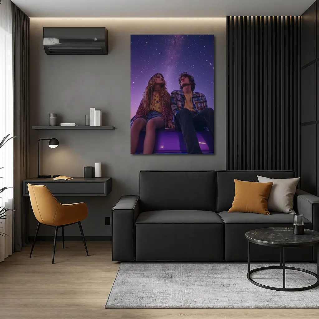 Couple Sitting on Car Under Starry Night – Wall Art