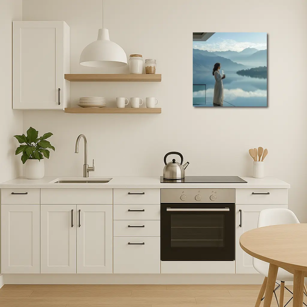 Woman With Coffee Mountain Lake Morning View – Wall Art