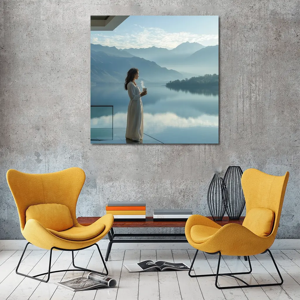 Woman With Coffee Mountain Lake Morning View – Wall Art
