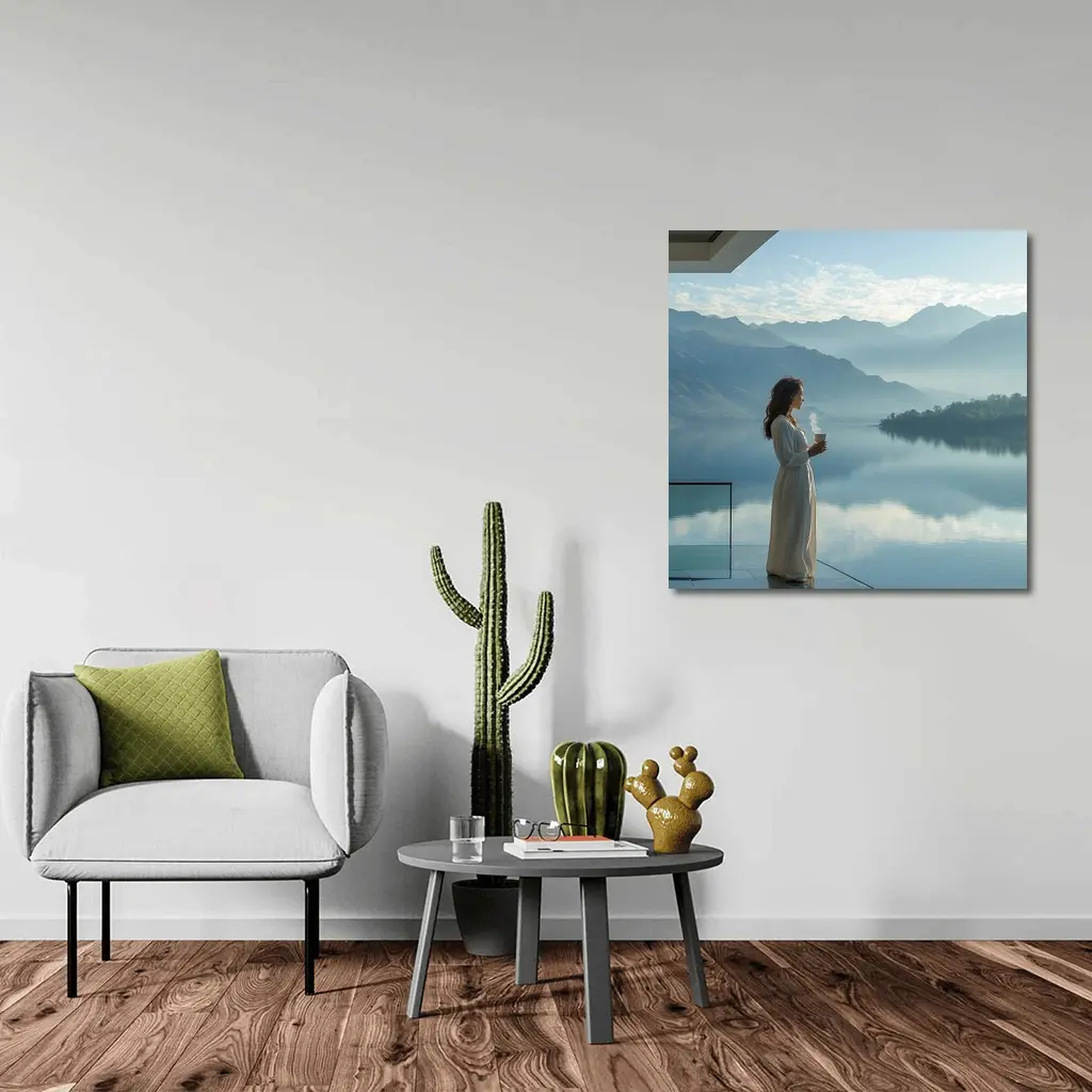 Woman With Coffee Mountain Lake Morning View – Wall Art