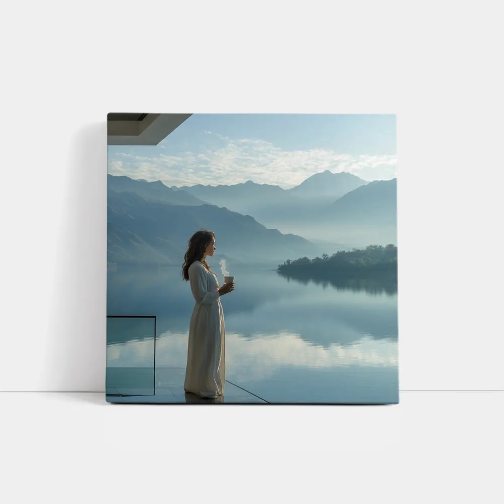 Woman With Coffee Mountain Lake Morning View – Wall Art