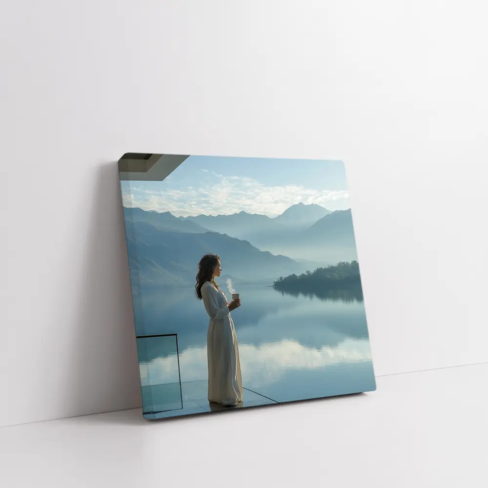 Woman With Coffee Mountain Lake Morning View – Wall Art