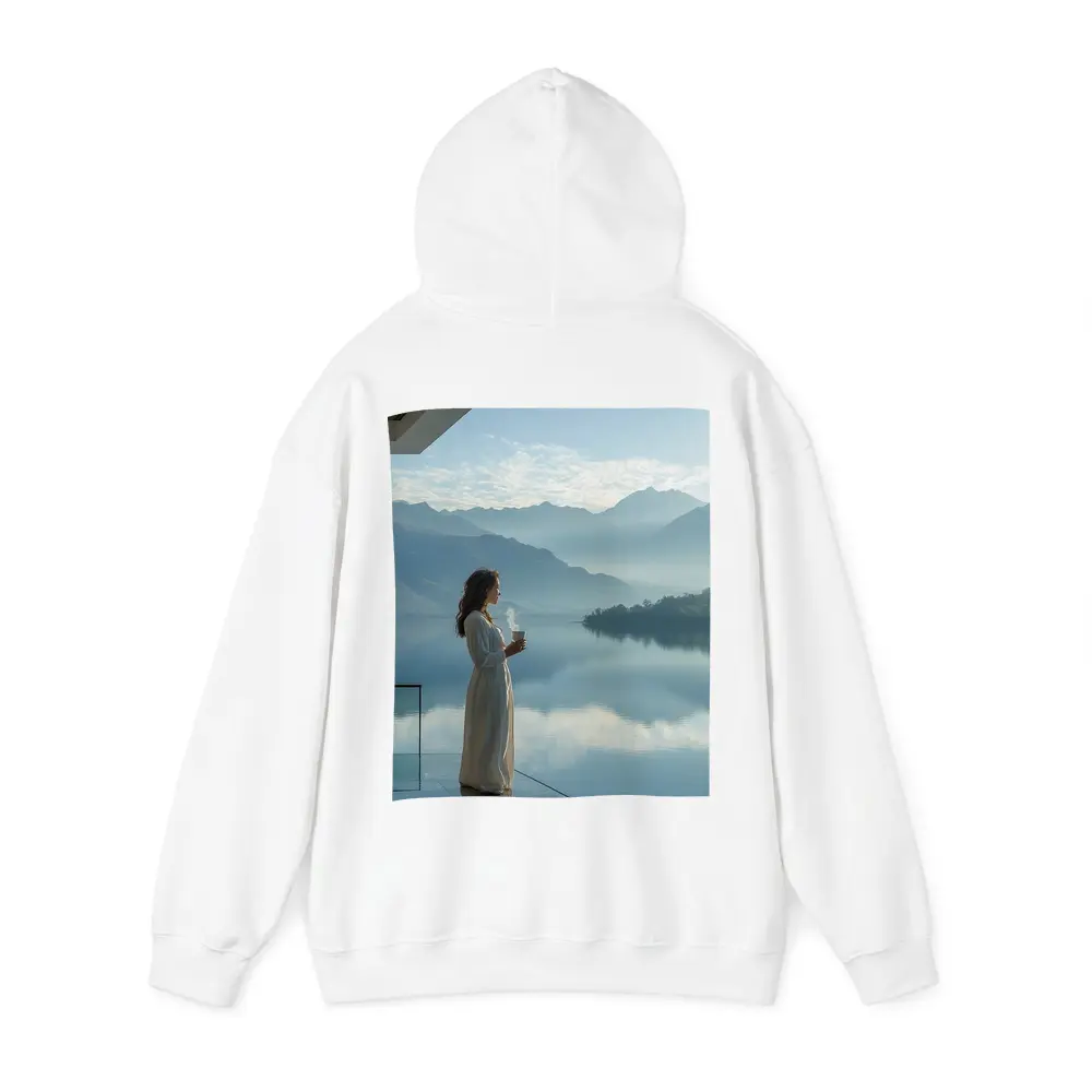Woman With Coffee Mountain Lake Morning View – Hoodies