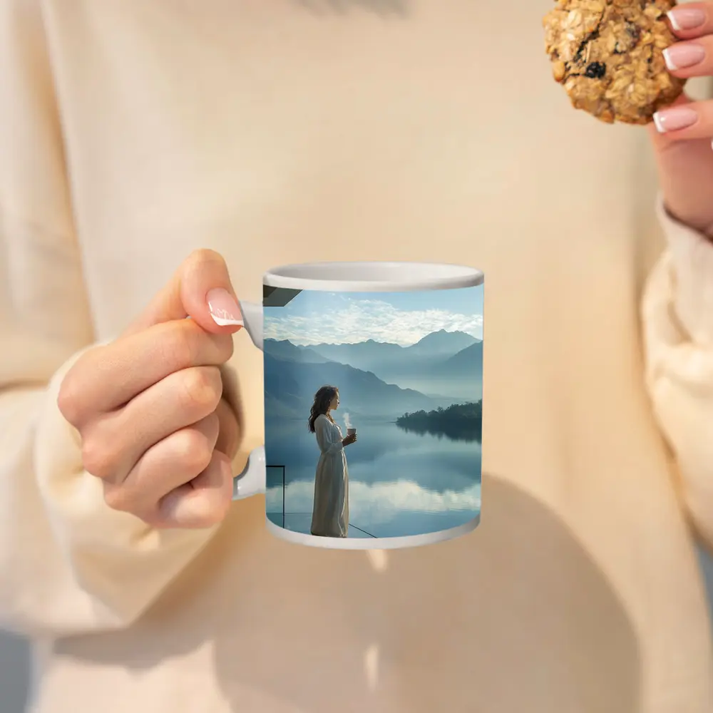 Woman With Coffee Mountain Lake Morning View – Mugs