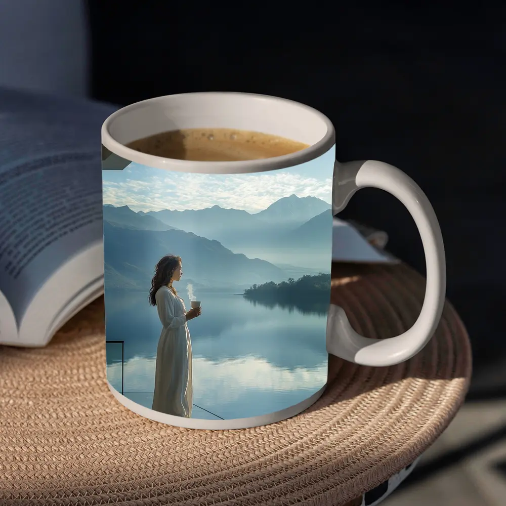 Woman With Coffee Mountain Lake Morning View – Mugs