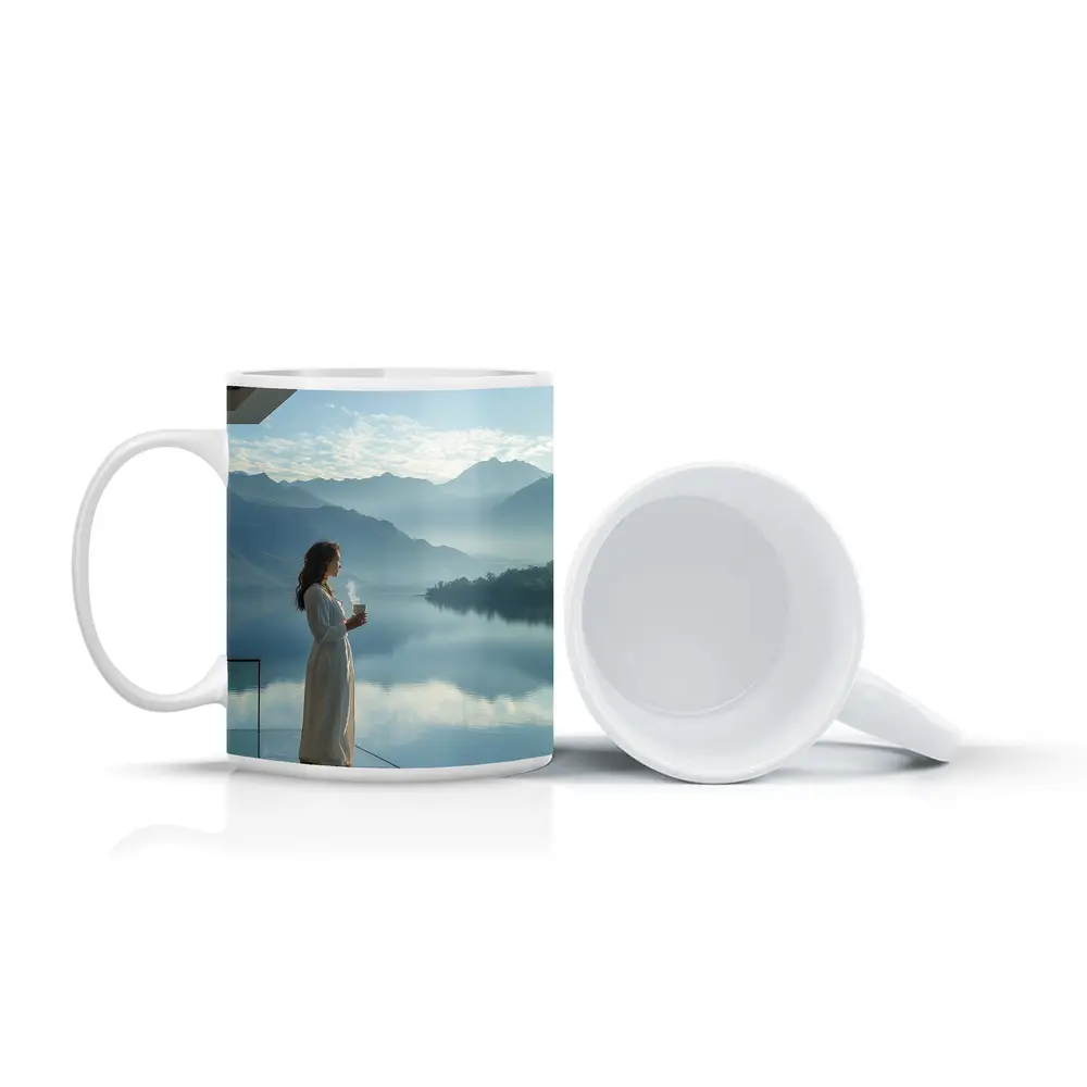 Woman With Coffee Mountain Lake Morning View – Mugs