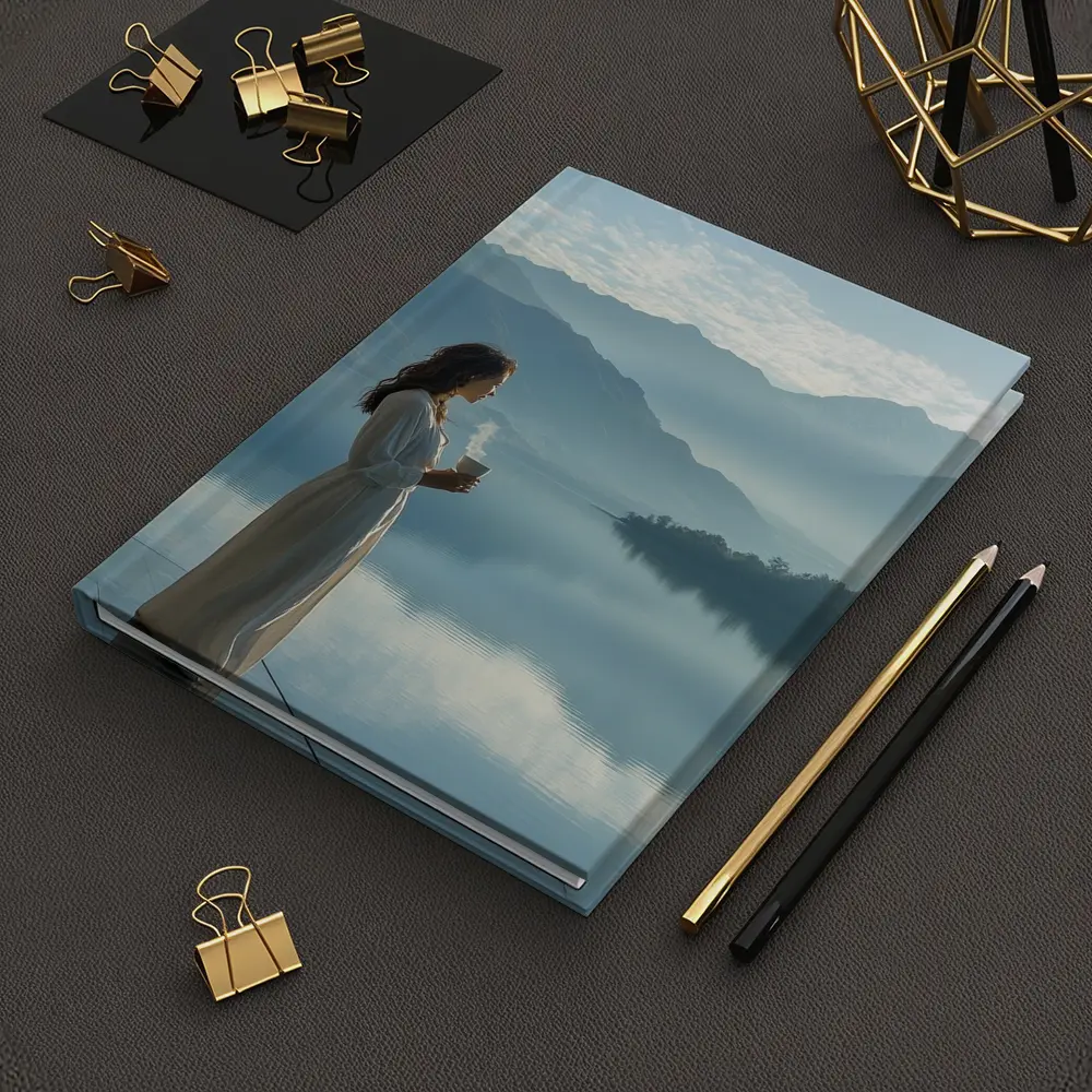 Woman With Coffee Mountain Lake Morning View – Notebooks