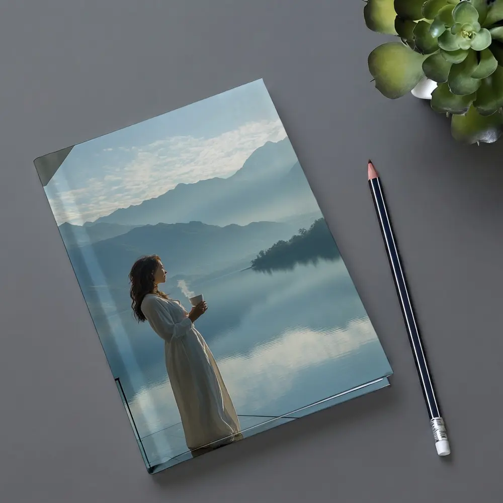 Woman With Coffee Mountain Lake Morning View – Notebooks
