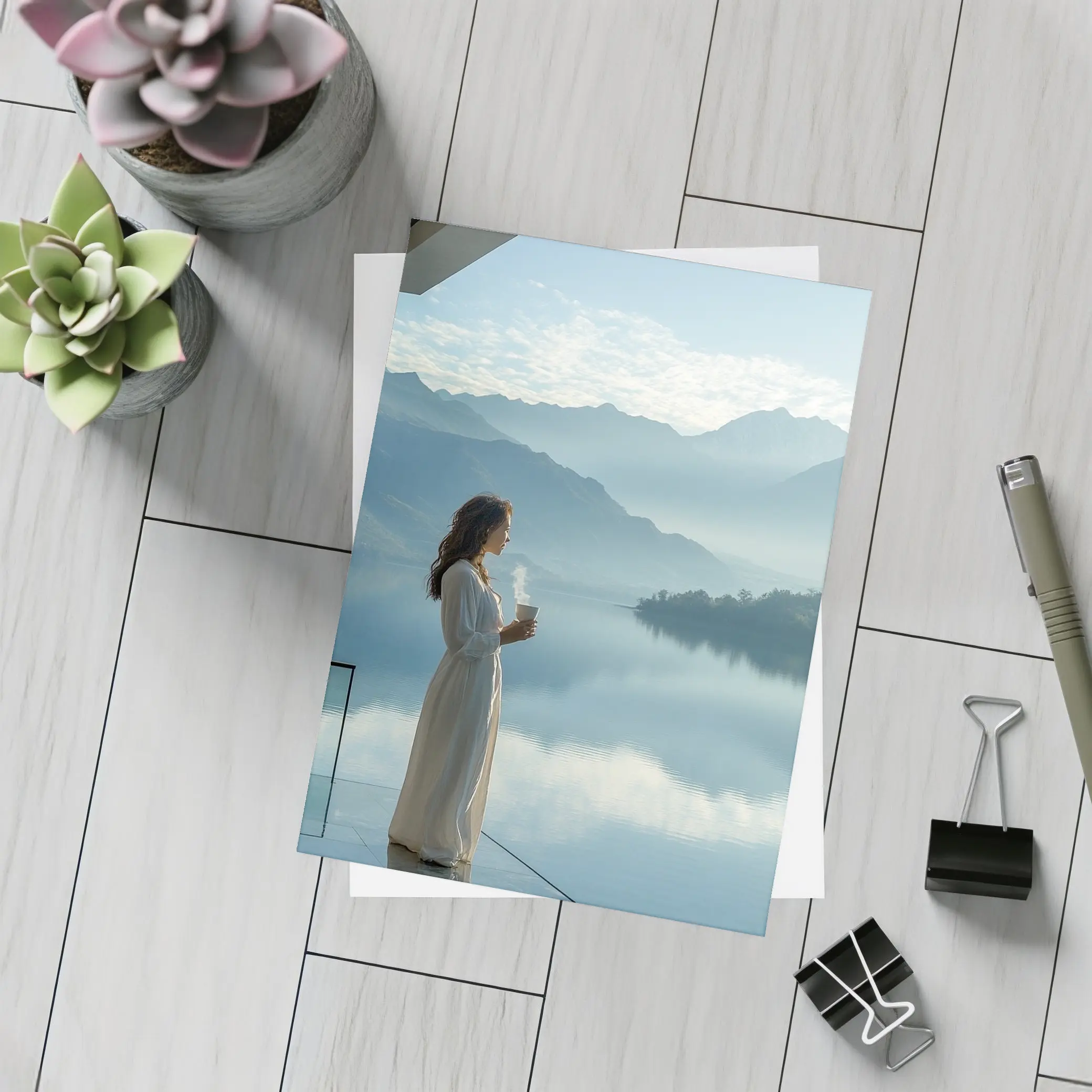 Woman With Coffee Mountain Lake Morning View – Postcards