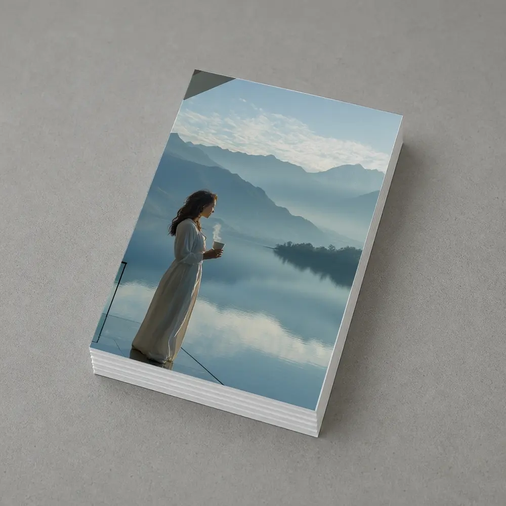 Woman With Coffee Mountain Lake Morning View – Postcards