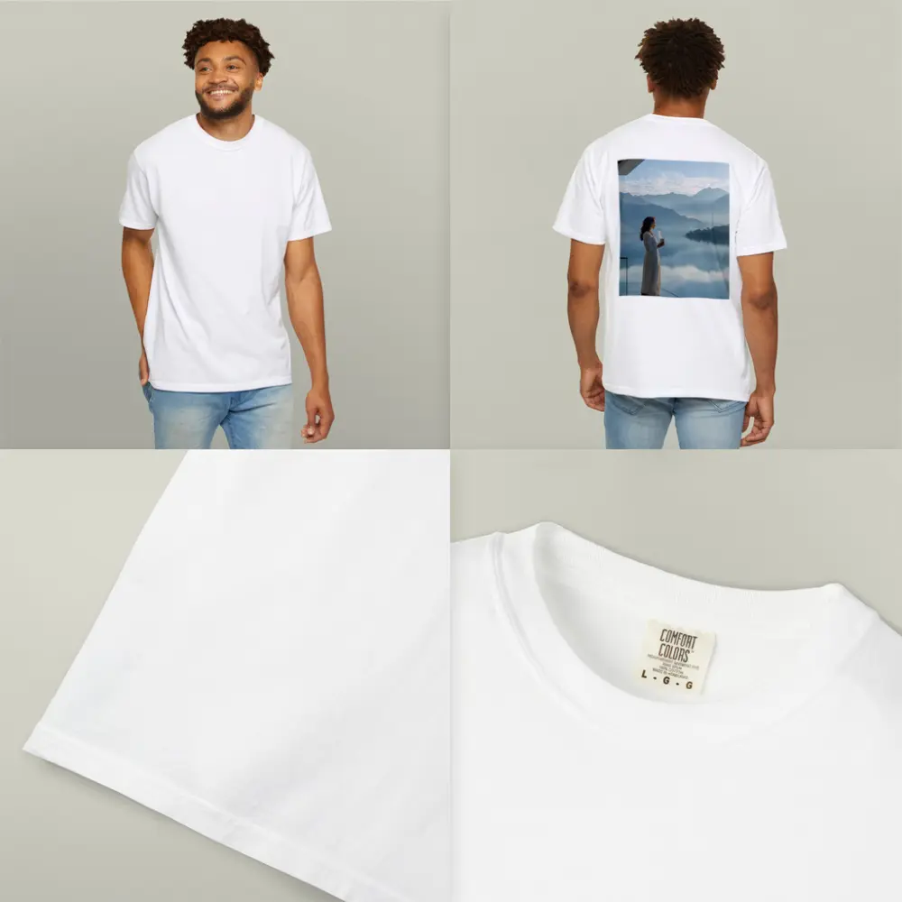 Woman With Coffee Mountain Lake Morning View – T-Shirts