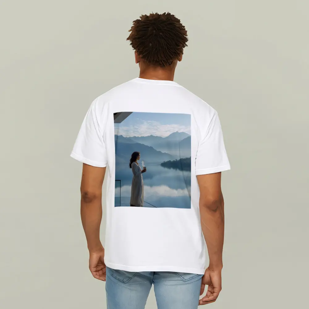 Woman With Coffee Mountain Lake Morning View – T-Shirts