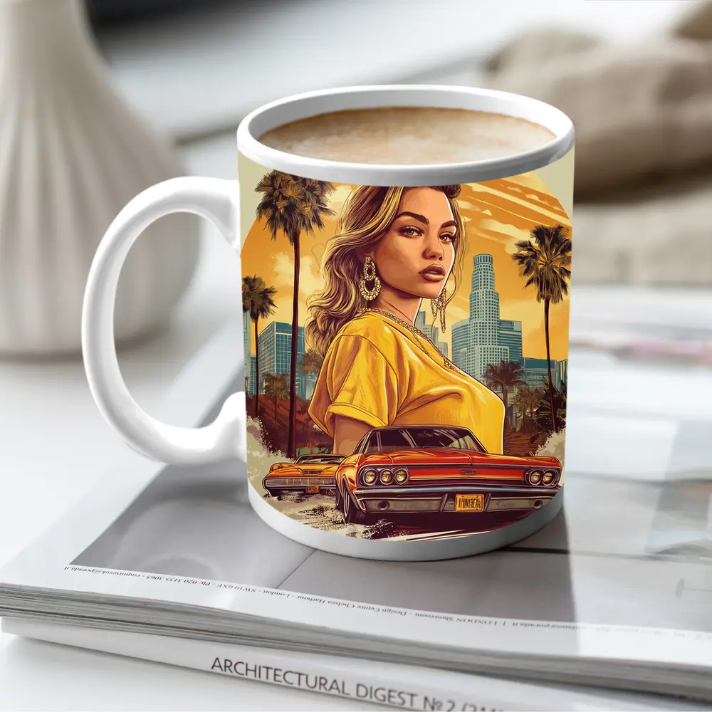 Lowrider Girl Los Angeles Palm Trees Illustration – Mugs