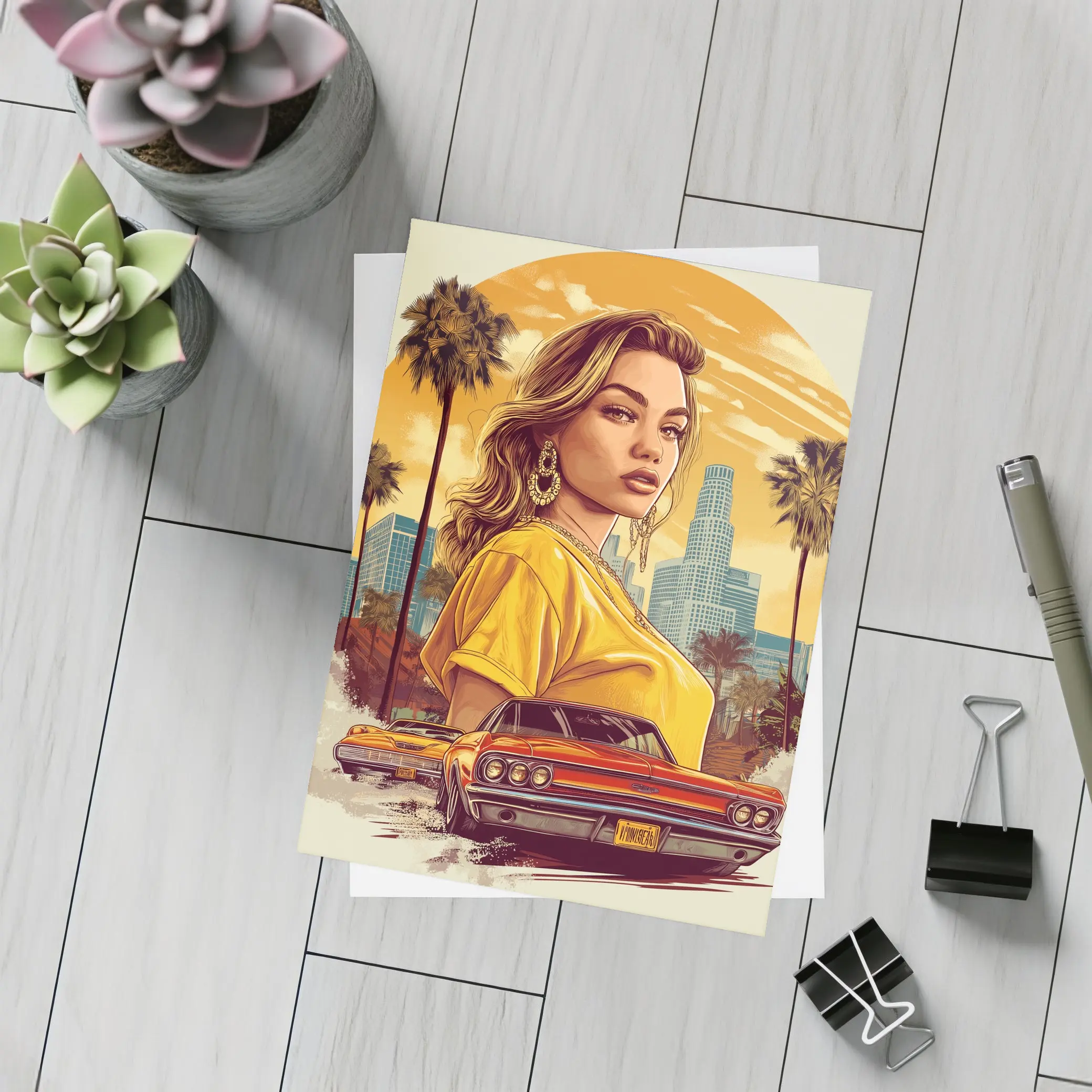 Lowrider Girl Los Angeles Palm Trees Illustration – Postcards