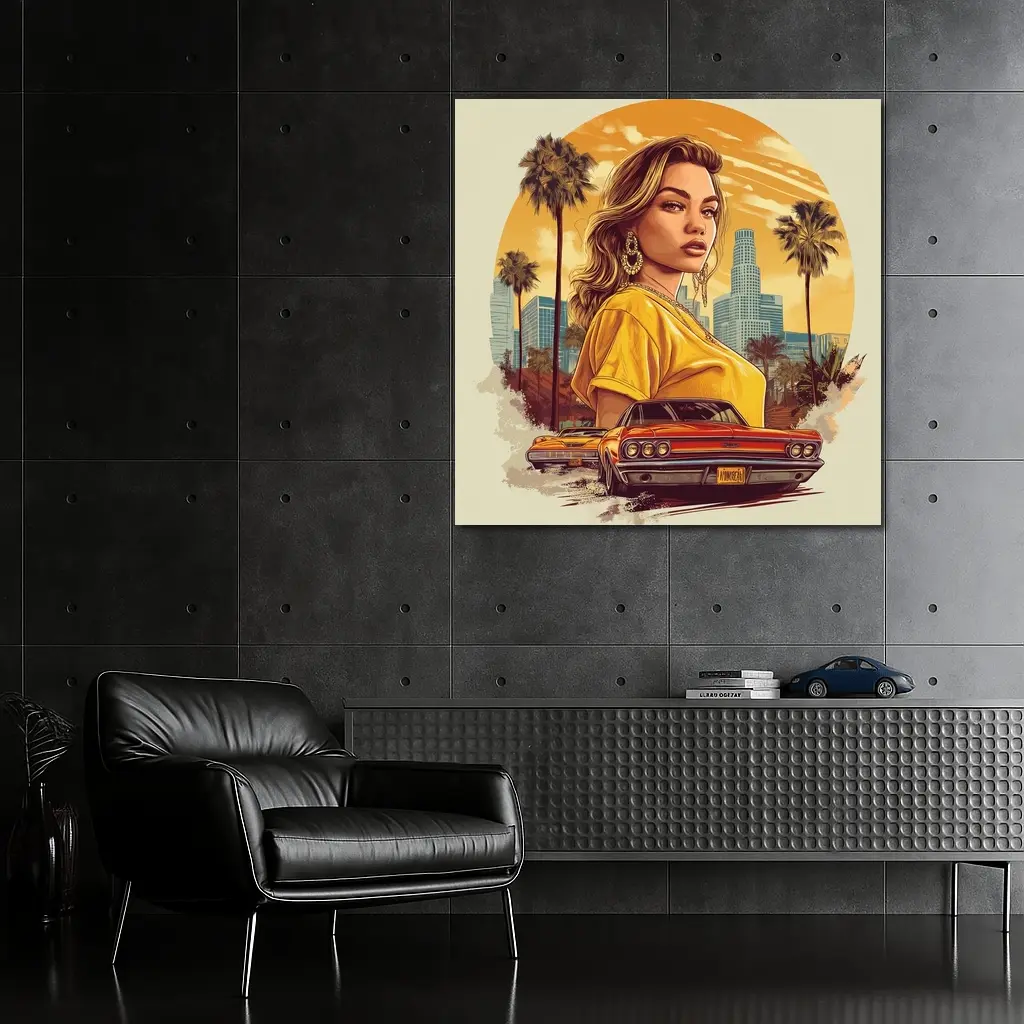 Lowrider Girl Los Angeles Palm Trees Illustration – Wall Art