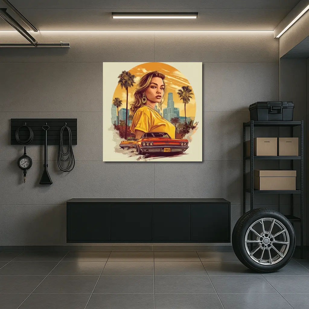 Lowrider Girl Los Angeles Palm Trees Illustration – Wall Art