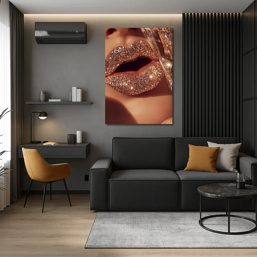 Gold Glitter Lips Champagne Glass Close Up – Wall Art