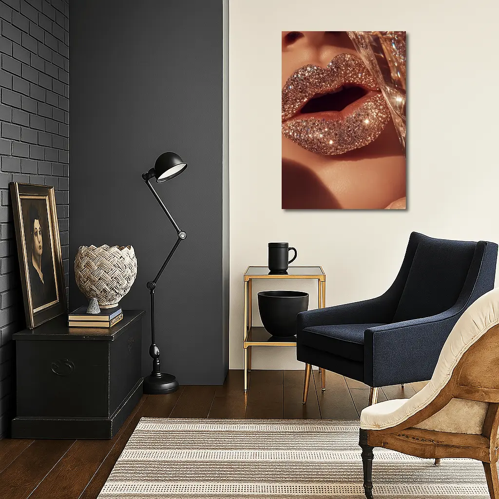 Gold Glitter Lips Champagne Glass Close Up – Wall Art