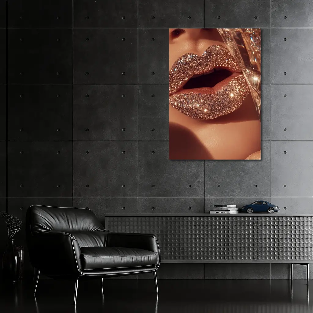 Gold Glitter Lips Champagne Glass Close Up – Wall Art
