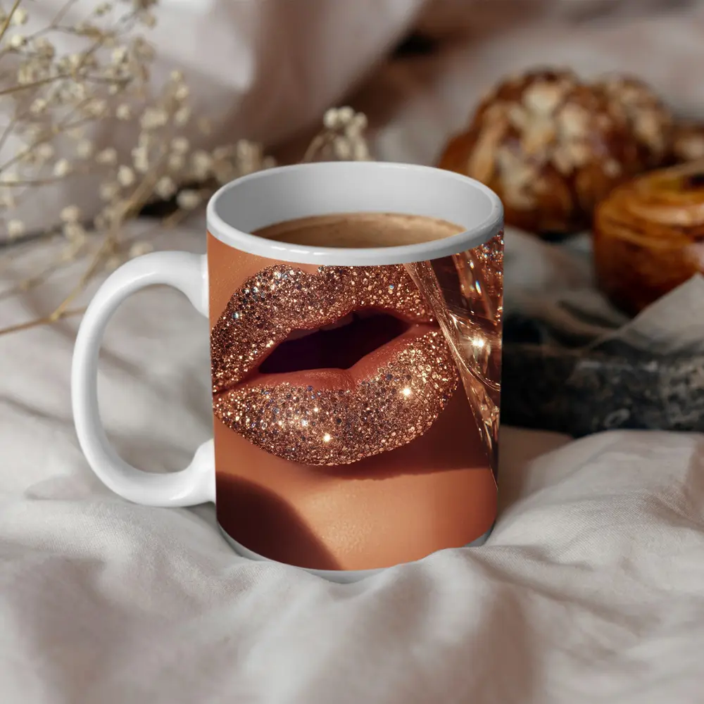 Gold Glitter Lips Champagne Glass Close Up – Mugs