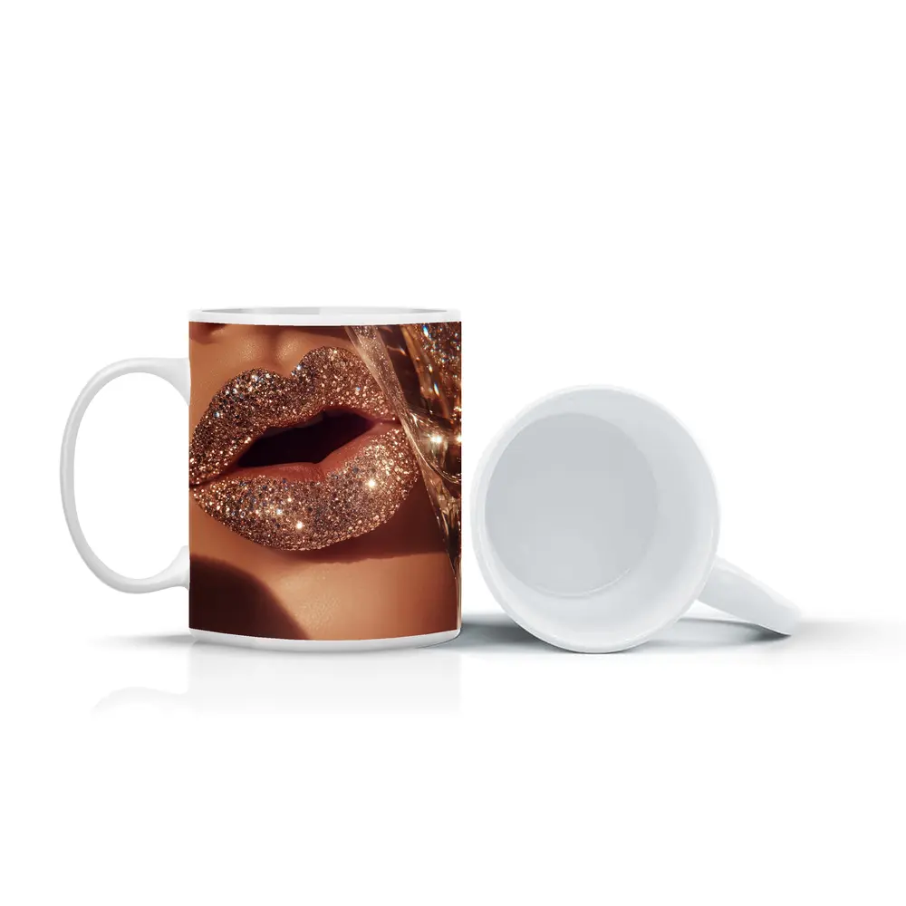 Gold Glitter Lips Champagne Glass Close Up – Mugs