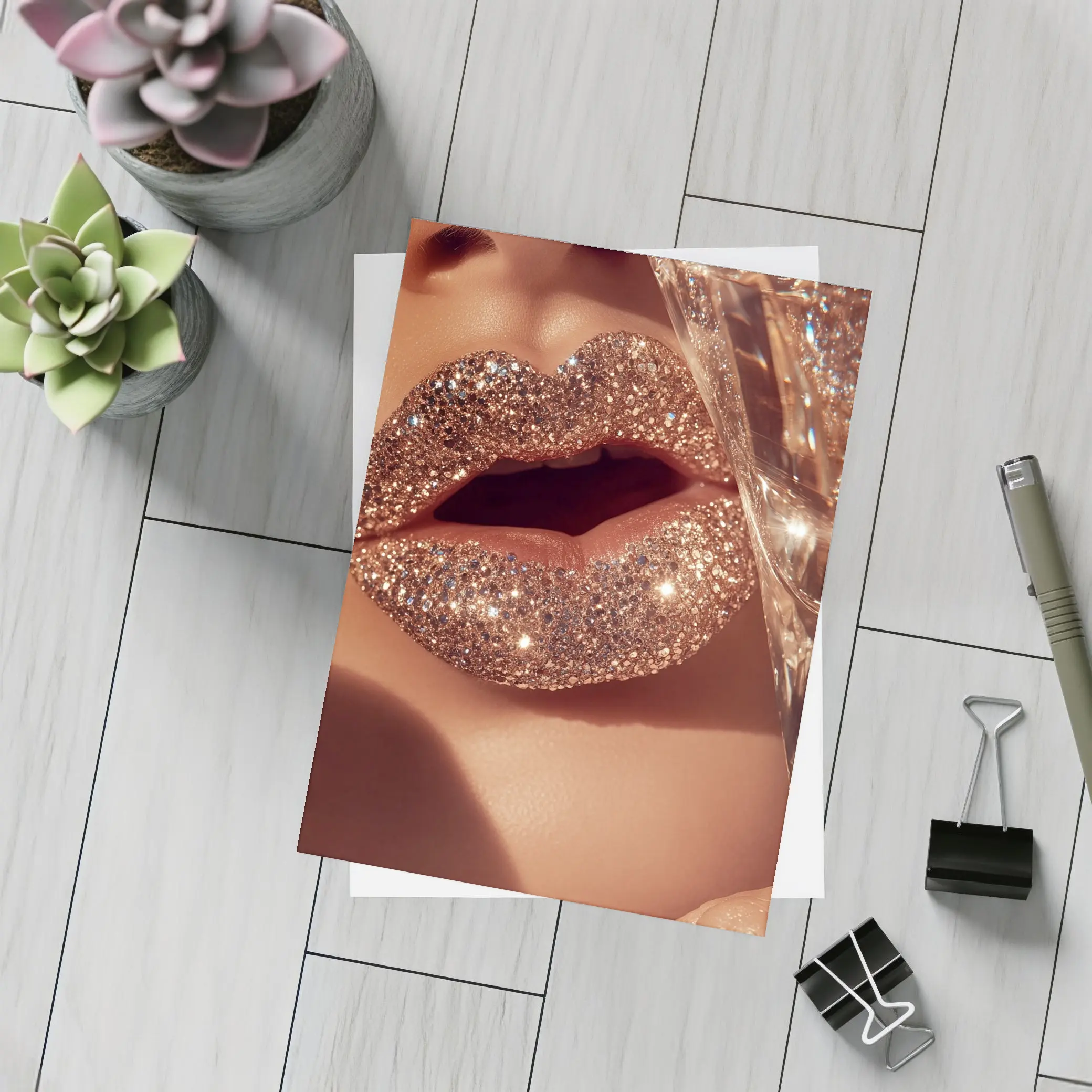 Gold Glitter Lips Champagne Glass Close Up – Postcards