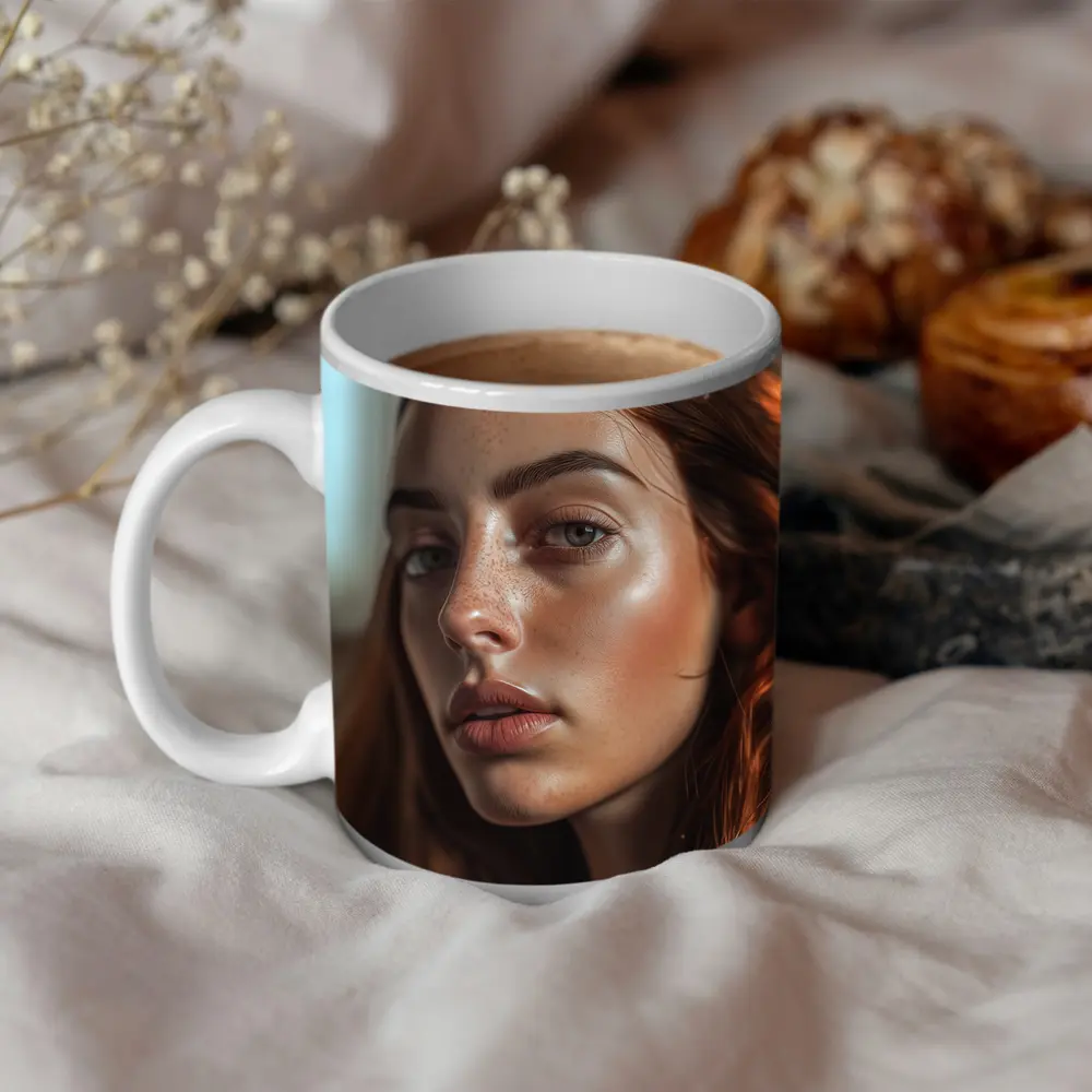 Red Hair Woman Portrait Warm Indoor Light – Mugs