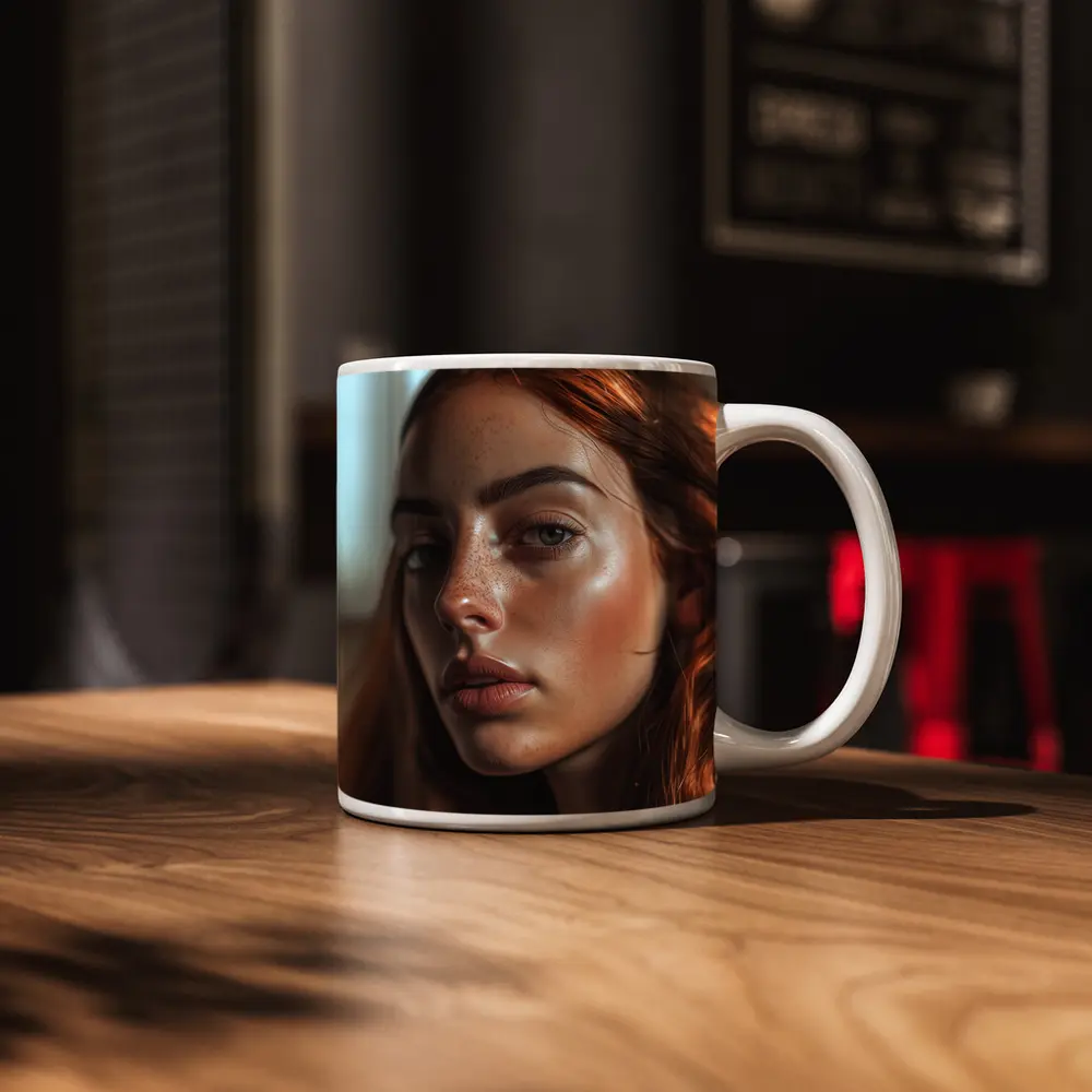 Red Hair Woman Portrait Warm Indoor Light – Mugs