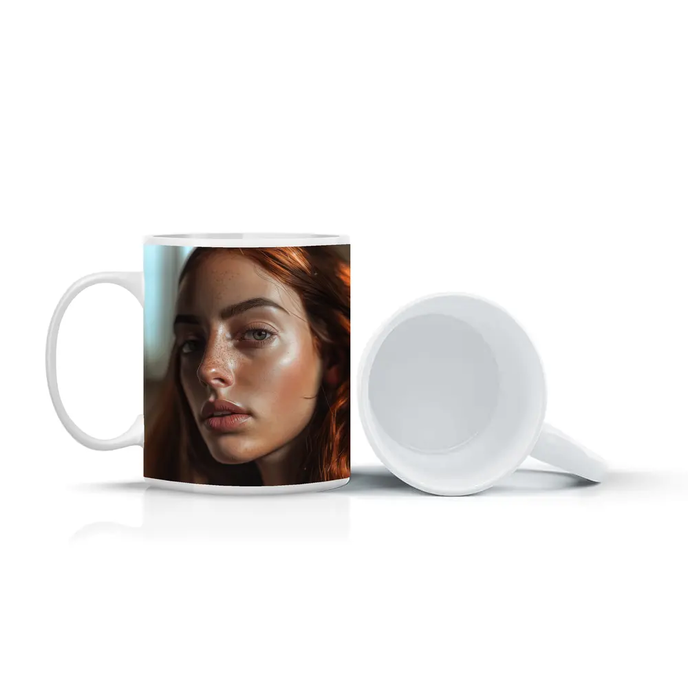 Red Hair Woman Portrait Warm Indoor Light – Mugs
