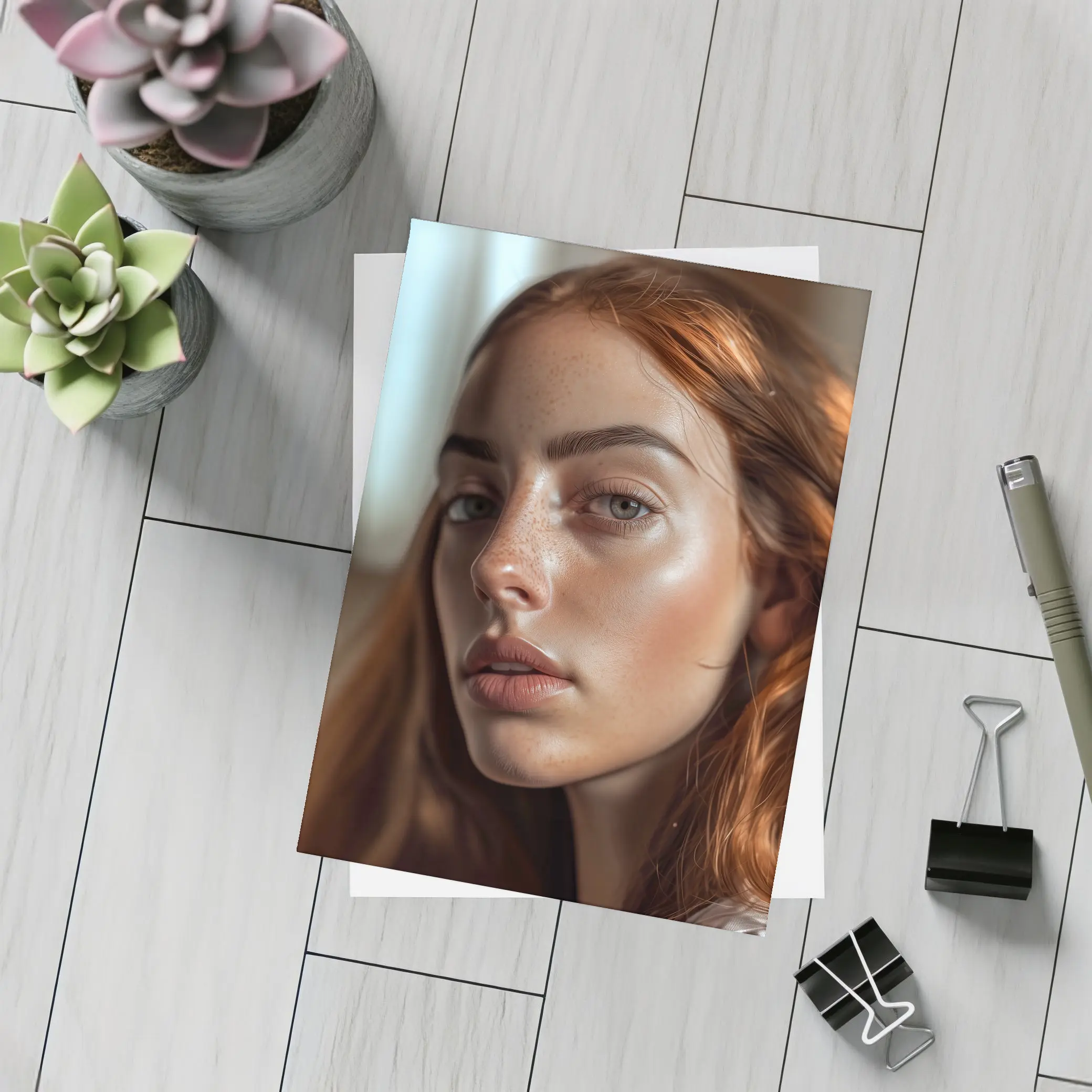 Red Hair Woman Portrait Warm Indoor Light – Postcards