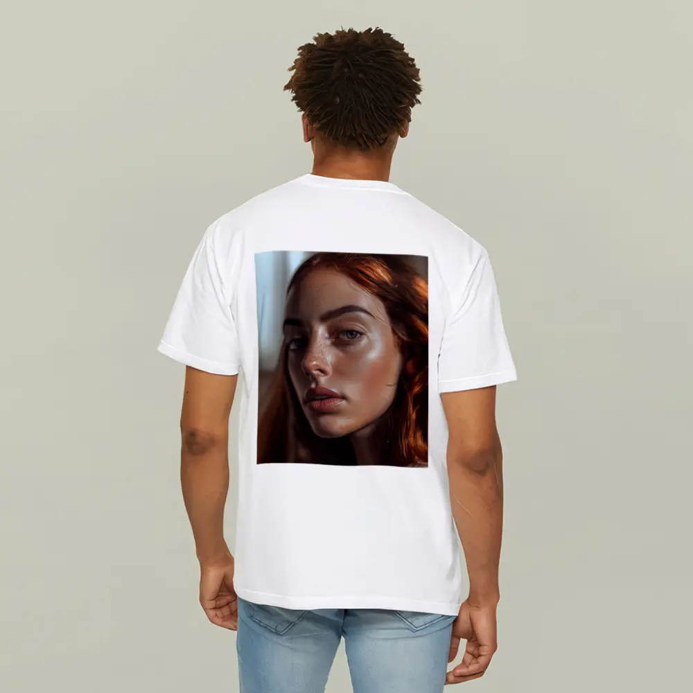 Red Hair Woman Portrait Warm Indoor Light – T-Shirts