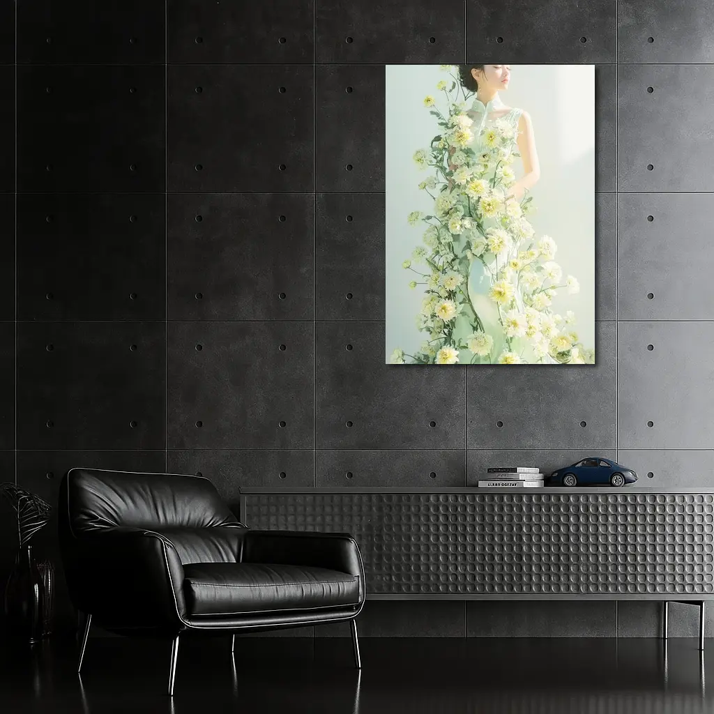 Asian Woman Green Dress White Flowers – Wall Art