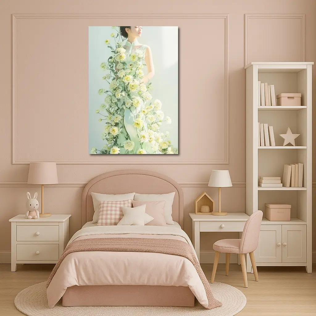 Asian Woman Green Dress White Flowers – Wall Art