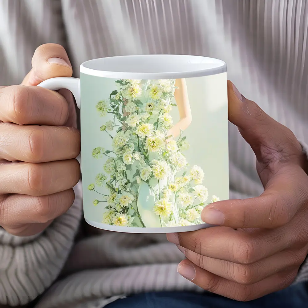 Asian Woman Green Dress White Flowers – Mugs
