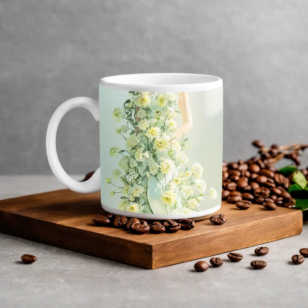 Asian Woman Green Dress White Flowers – Mugs